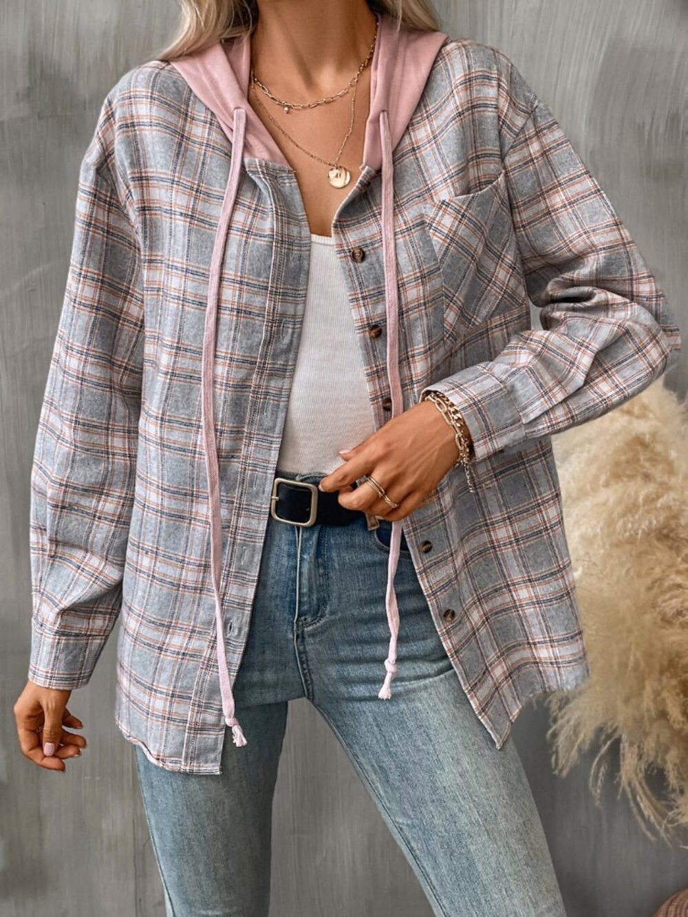 Plaid Long Sleeve Hooded Jacket NWT Size L
